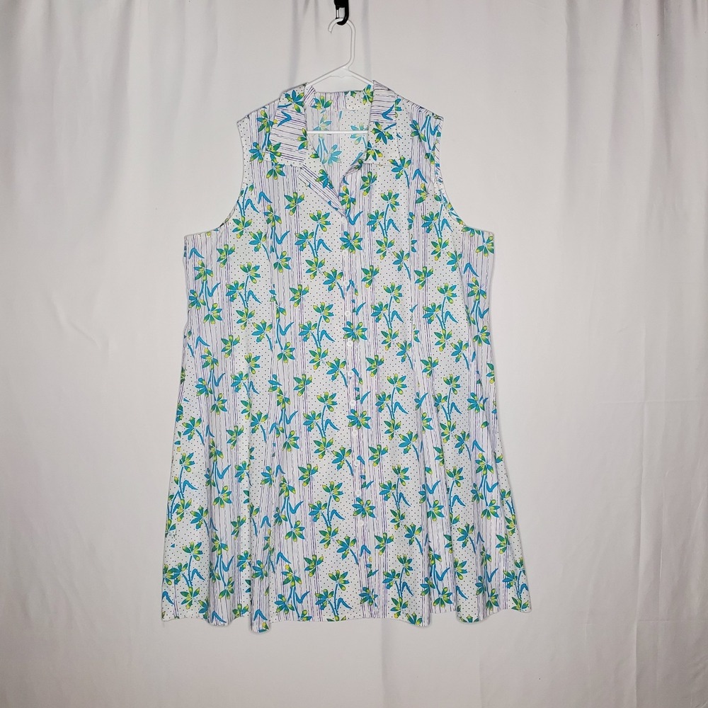 Vintage 70s House Dress 5X White Blue Floral Stripe Trad Cottagecore Farm Hippie